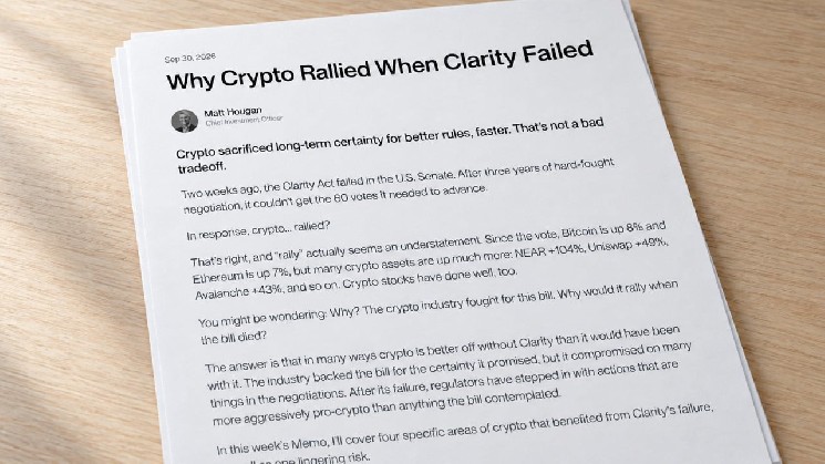 
			По данным Bitwise, 4 криптовалютных сектора выиграли от провала закона CLARITY		